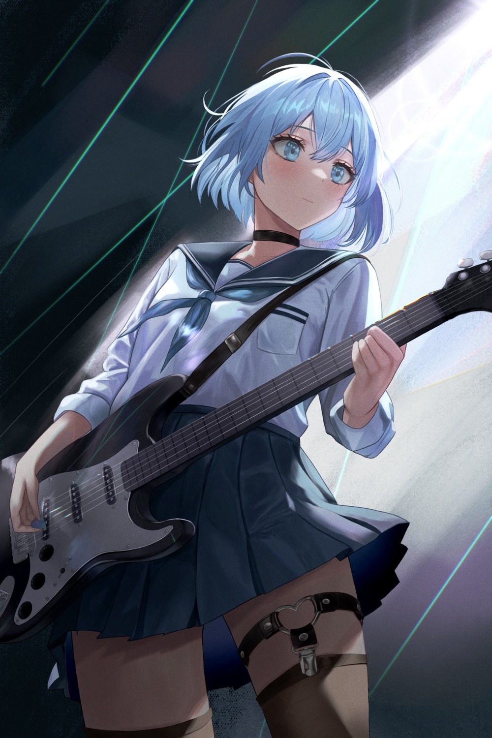 garter, guitar, heichanart, seifuku, stockings, thighhighs