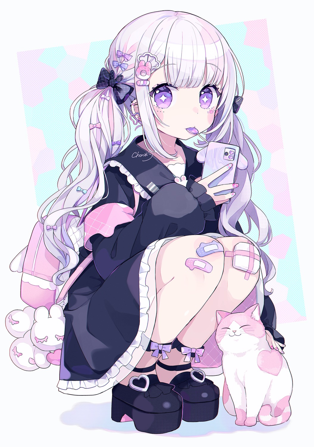 bandages, bandaid, chon, neko, seifuku, tattoo
