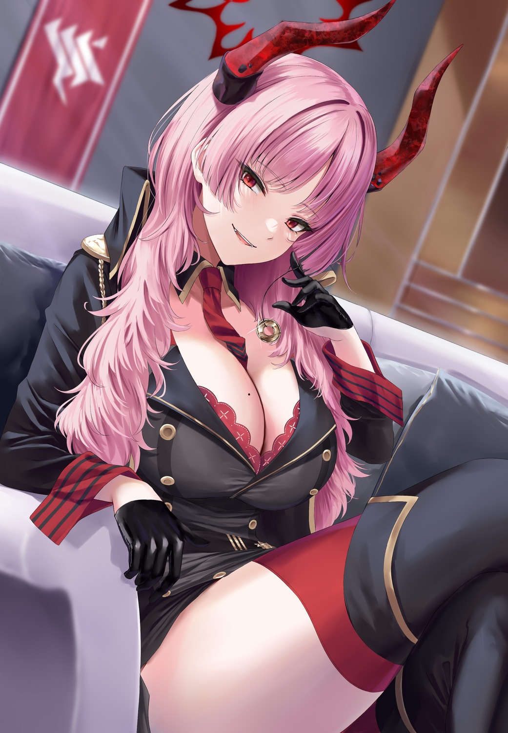 blue_archive, bra, halo, horns, kyougoku_satsuki, open_shirt, rama_(yu-light8), thighhighs