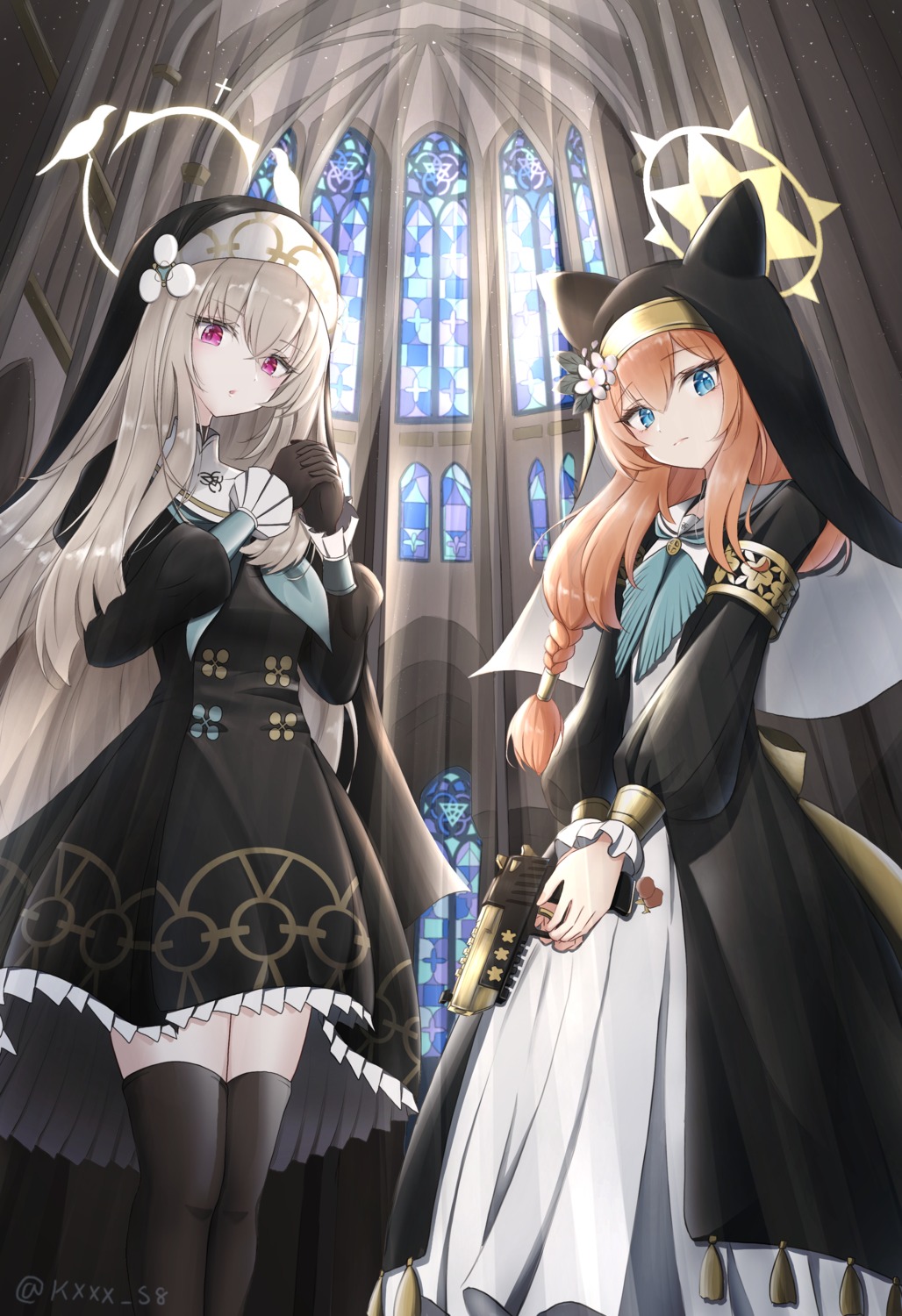animal_ears, blue_archive, chaconne_(kxxx_s8), gun, halo, iochi_mari, nekomimi, nun, thighhighs, utazumi_sakurako