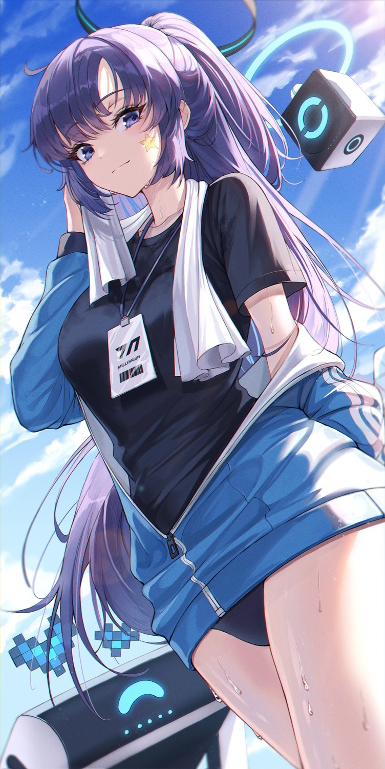 blue_archive, buruma, cow-ring, gym_uniform, halo, hayase_yuuka, tattoo, wet