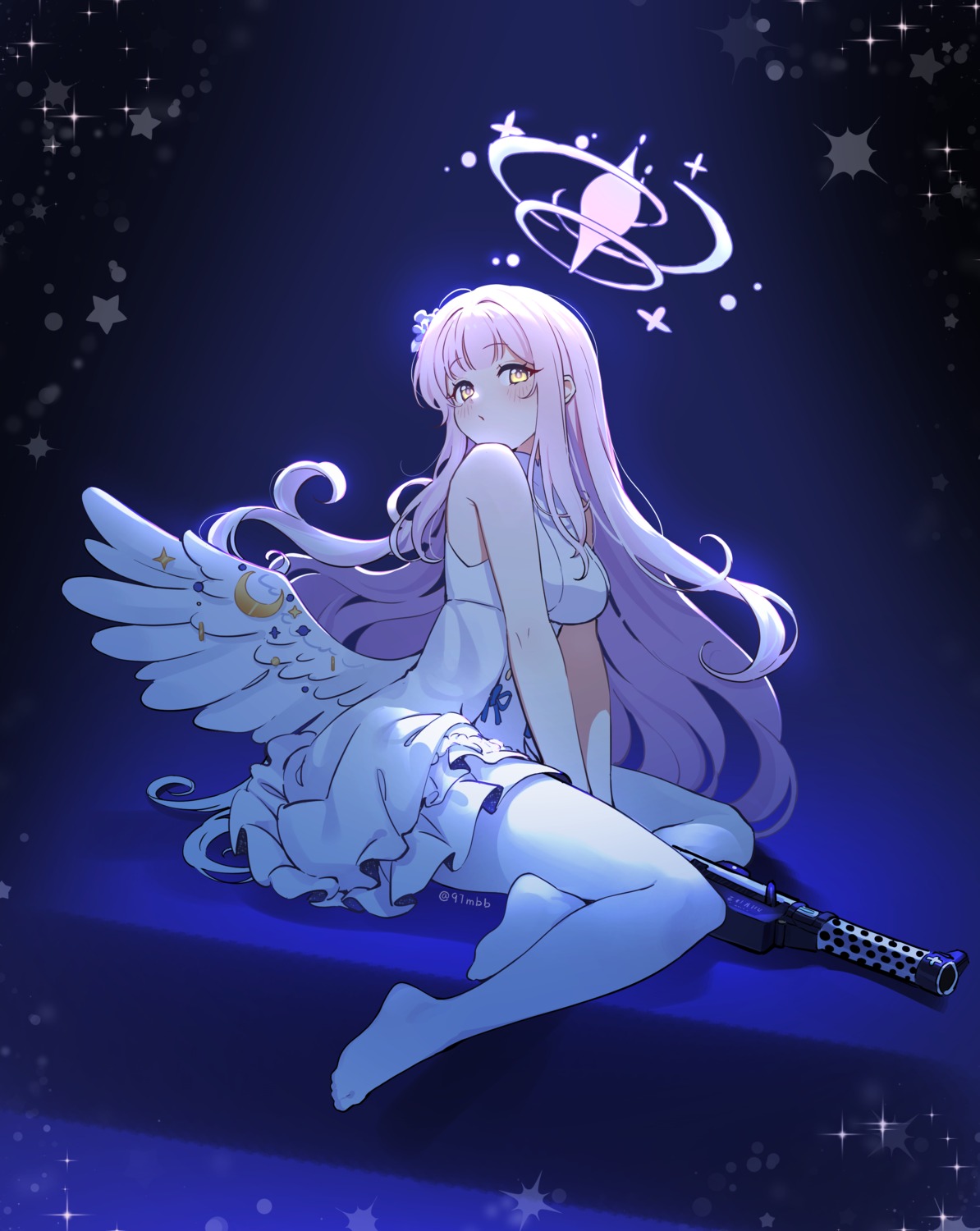 97_mubi_bai, angel, blue_archive, dress, gun, misono_mika, pantyhose, wings