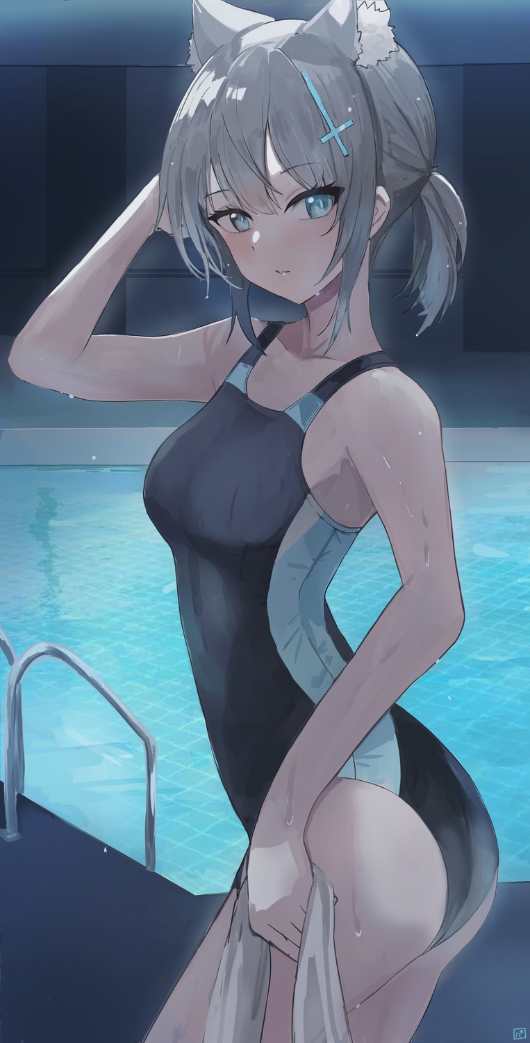 animal_ears, blue_archive, halo, nekomimi, pineapple_(pine), sunaookami_shiroko, swimsuits