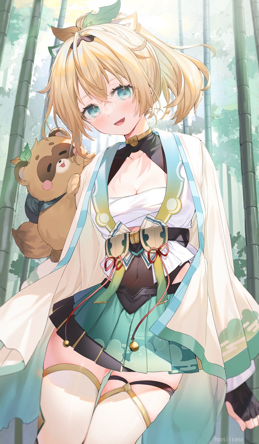 garter, hololive, japanese_clothes, kazama_iroha, open_shirt, pokobee, sarashi, stockings, thighhighs, yana_mori