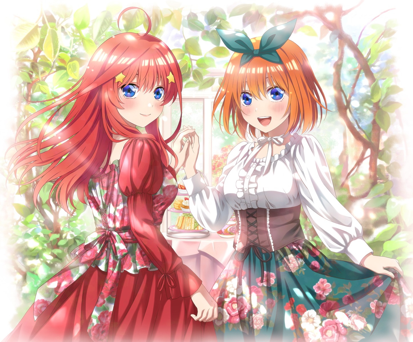5-toubun_no_hanayome, dress, nakano_itsuki, nakano_yotsuba, skirt_lift, studio_viga