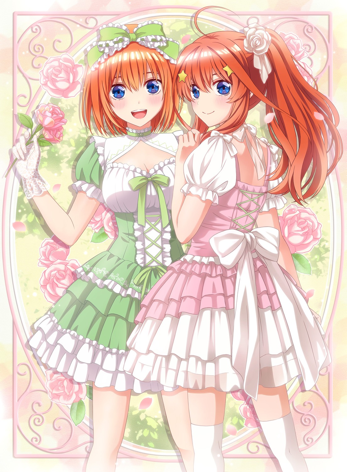 5-toubun_no_hanayome, dress, lolita_fashion, nakano_itsuki, nakano_yotsuba, see_through, studio_viga, thighhighs