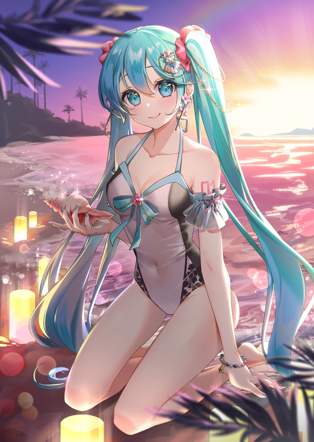 cleavage, cute_took, hatsune_miku, see_through, swimsuits, tattoo, vocaloid