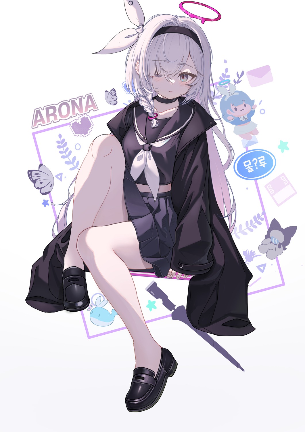 arona_(blue_archive), blue_archive, chibi, hael, halo, plana_(blue_archive), seifuku, umbrella