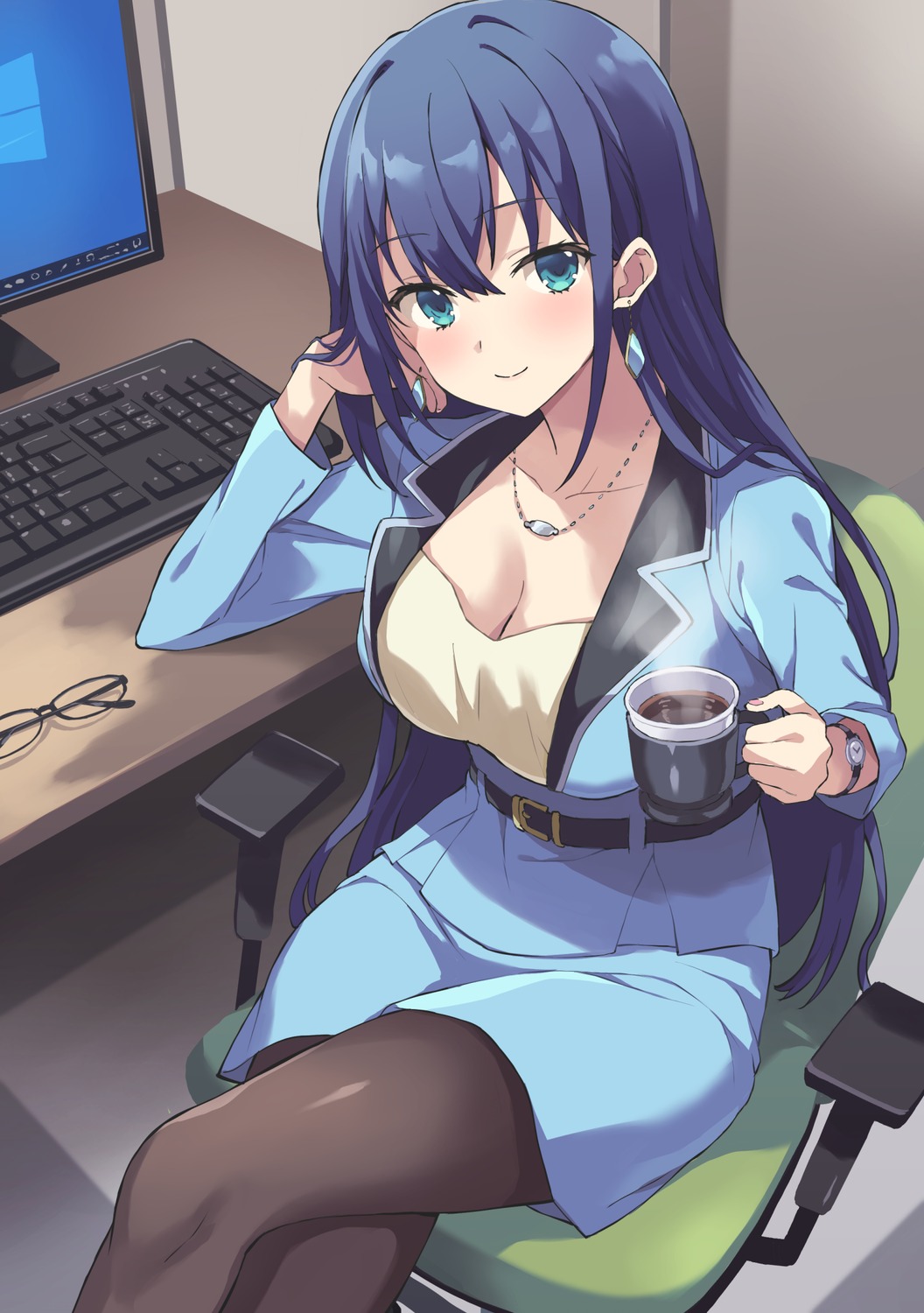 artist_revision, business_suit, cleavage, engage_kiss, pantyhose, rasahan, yuugiri_ayano