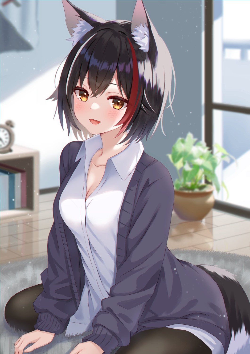 animal_ears, cleavage, dress_shirt, hololive, hololive_gamers, ookami_mio, pantyhose, sweater