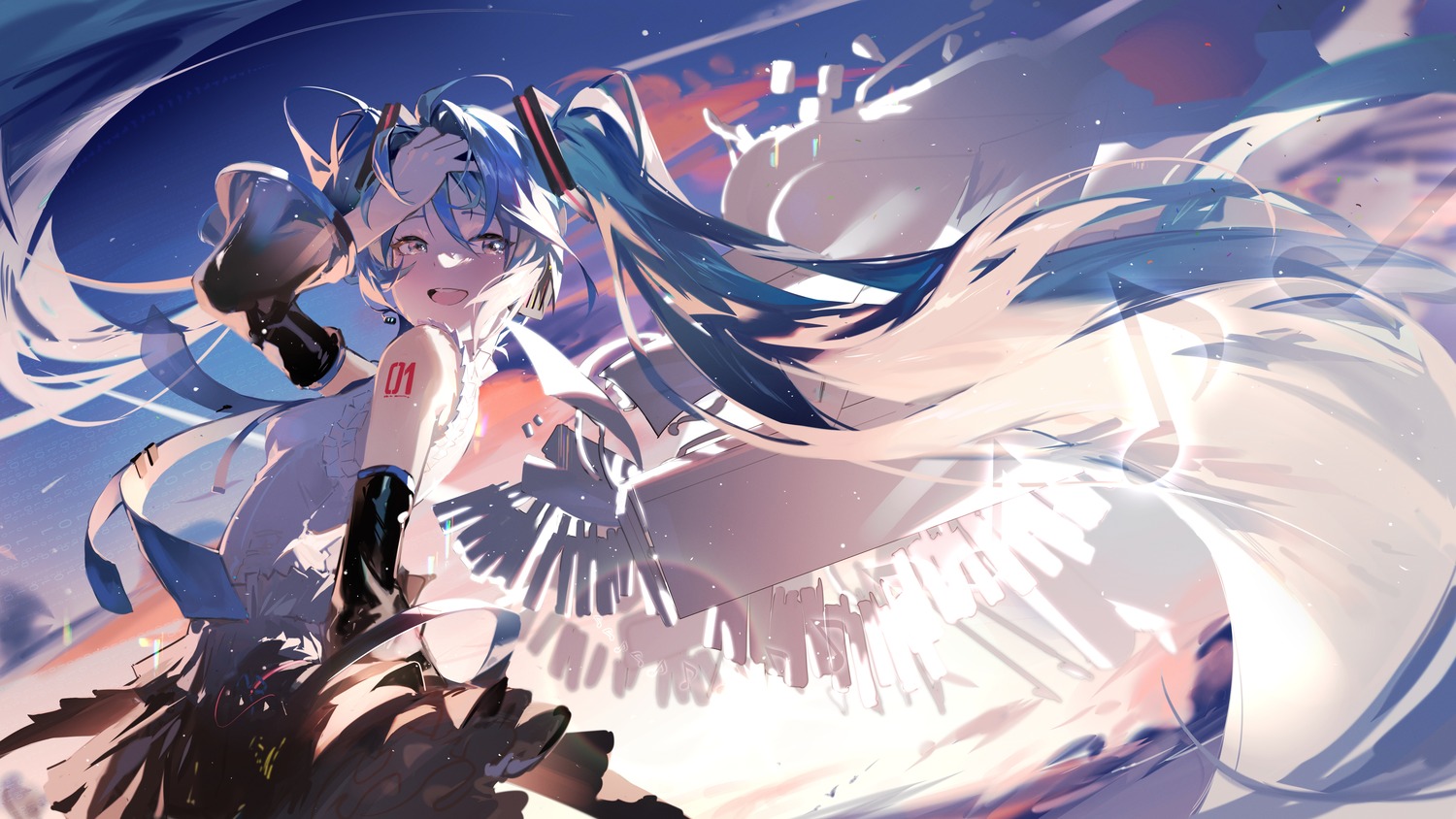 hatsune_miku, headphones, jiuyesang, tattoo, vocaloid, wings