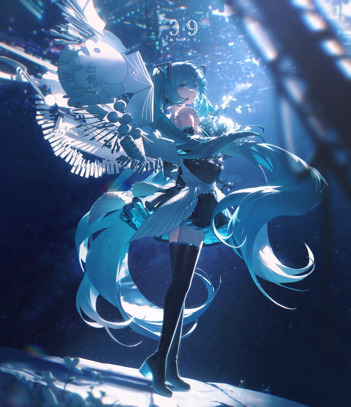 hatsune_miku, headphones, heels, konya_karasue, thighhighs, vocaloid, wings