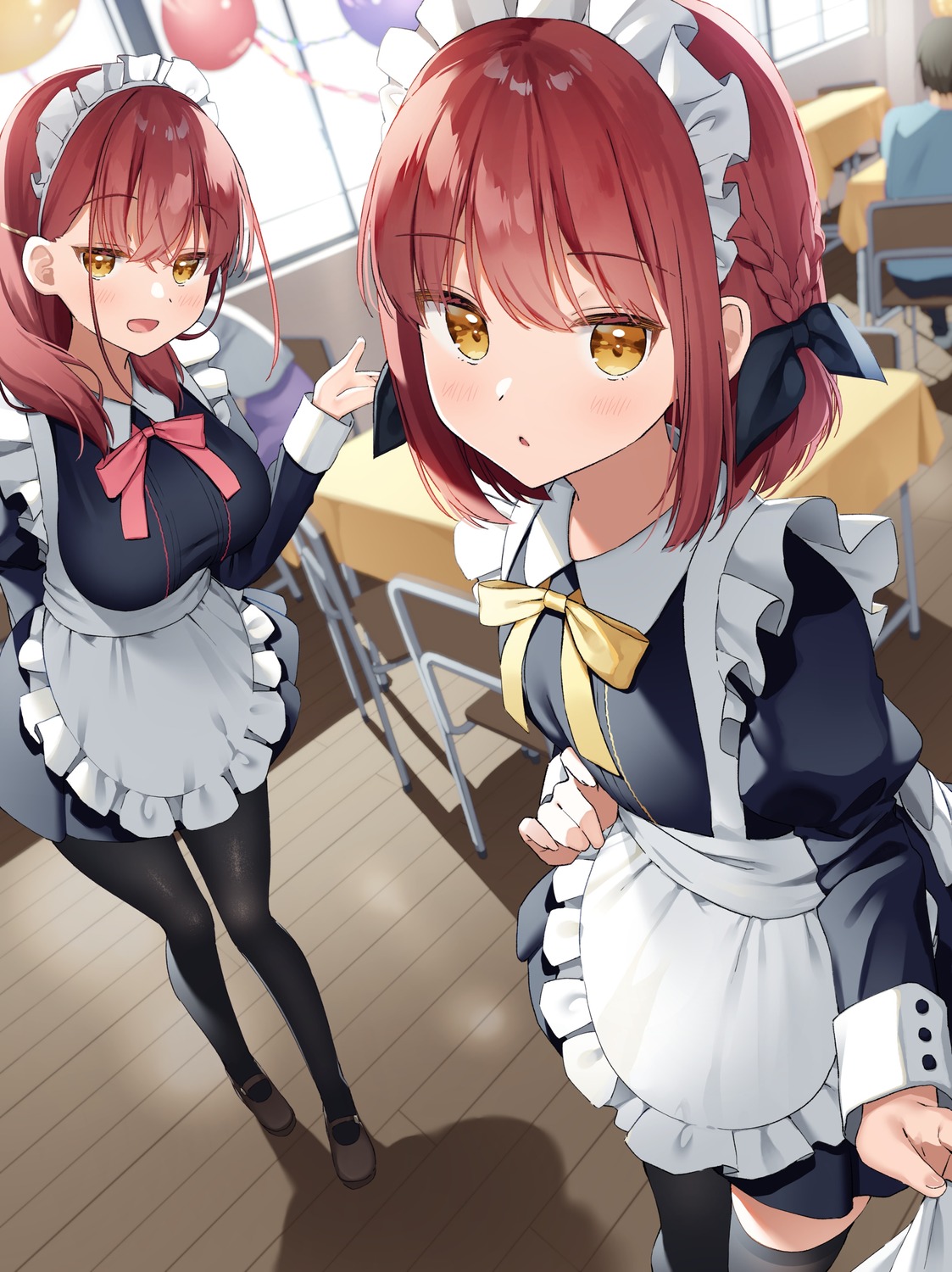 akari_(muninshiki), kazari_(muninshiki), maid, muninshiki, pantyhose, thighhighs, waitress