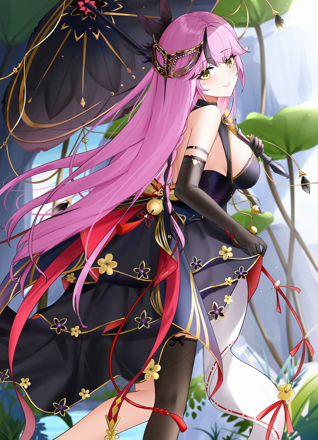 dress, lan_(tower_of_fantasy), no_bra, qing_wu, thighhighs, tower_of_fantasy, umbrella