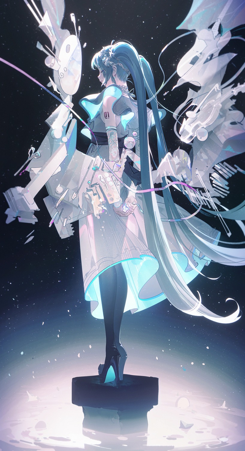 dress, hatsune_miku, heels, see_through, tattoo, vocaloid, wings, ying_yi