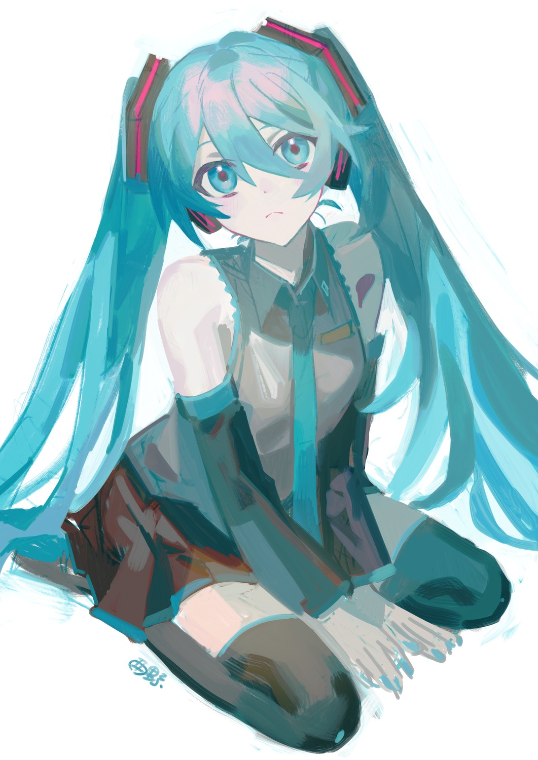 hatsune_miku, headphones, sketch, thighhighs, torino_kawazu, vocaloid