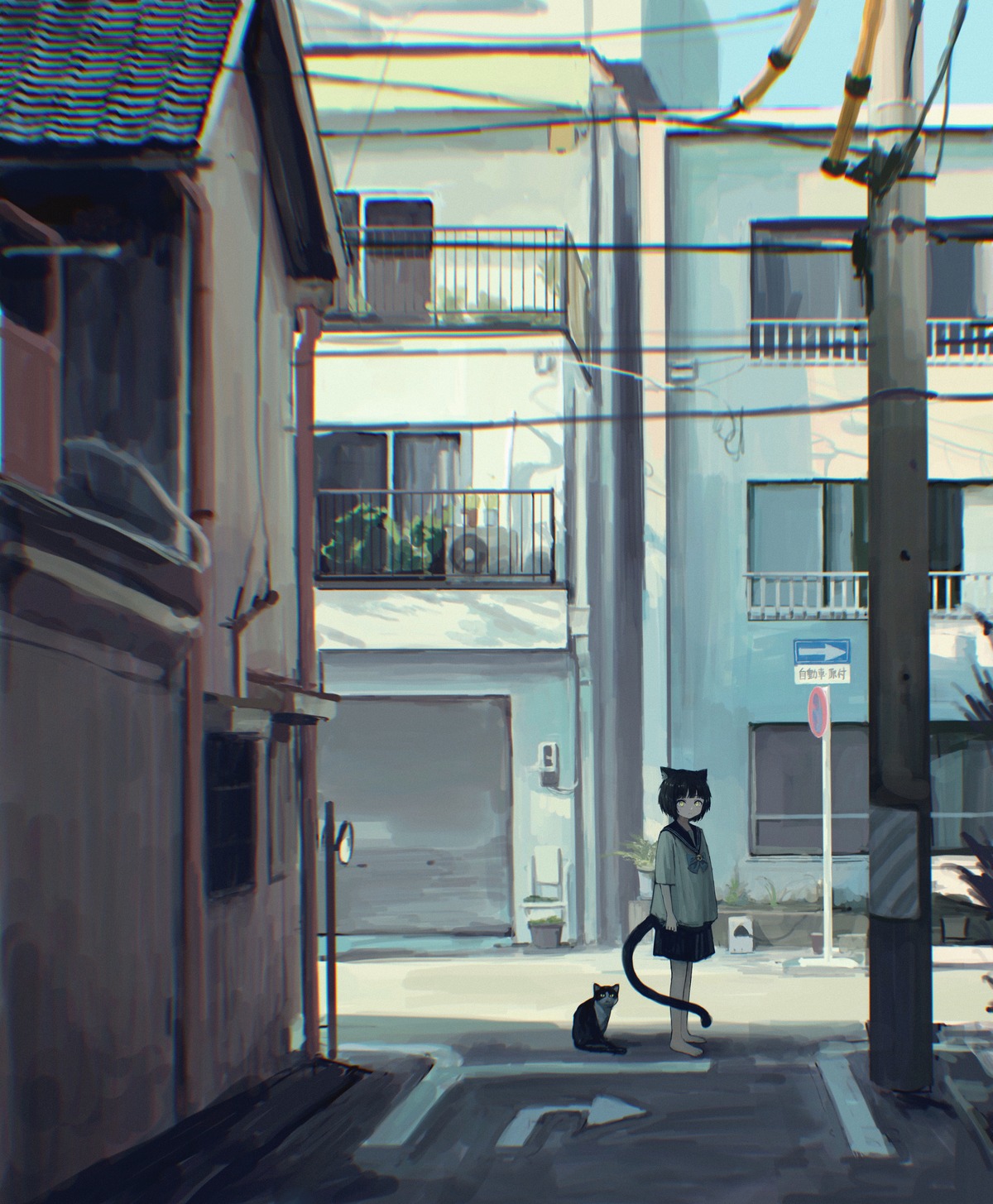 animal_ears, landscape, neko, nekomimi, sakiika0513, seifuku, tail
