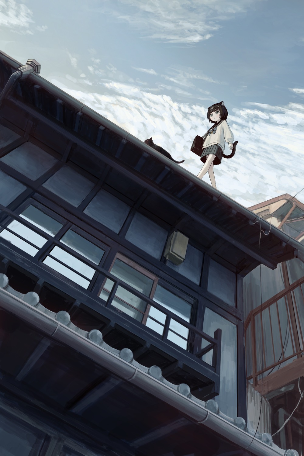 animal_ears, landscape, neko, nekomimi, sakiika0513, seifuku, tail