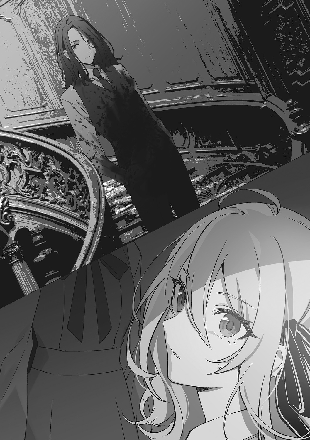 blood, klaus_(spy_kyoushitsu), lily_(spy_kyoushitsu), monochrome, seifuku, spy_kyoushitsu, tomari
