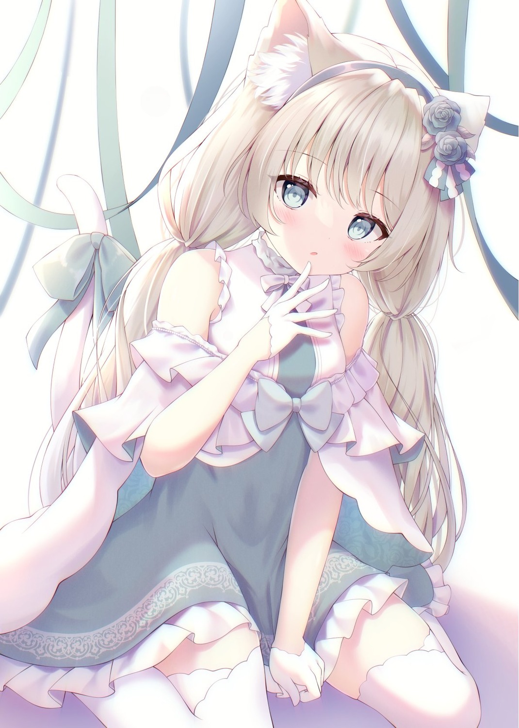 animal_ears, dress, nekomimi, rulu, tail, thighhighs