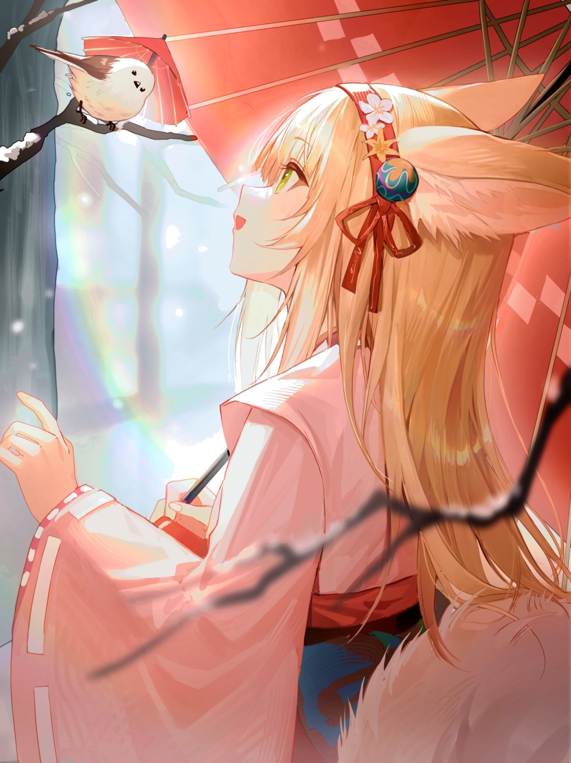 animal_ears, arknights, japanese_clothes, kernel_killer, kitsune, suzuran_(arknights), tail, umbrella