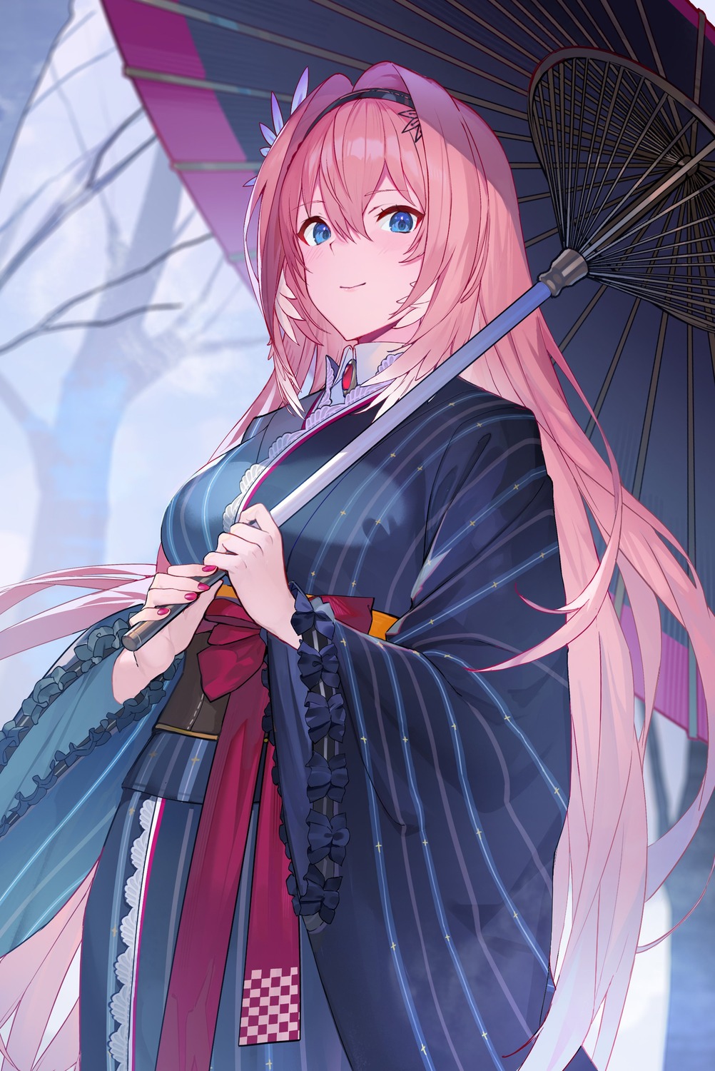 hololive, japanese_clothes, nalai, takane_lui, umbrella