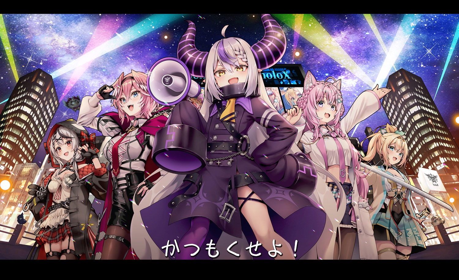 animal_ears, devil, dress, garter, hakui_koyori, hololive, horns, japanese_clothes, kazama_iroha, kubota_masaki, la+_darknesss, open_shirt, pantyhose, pointy_ears, sakamata_chloe, sarashi, stockings, sword, takane_lui, thighhighs, torn_clothes, uniform, wings