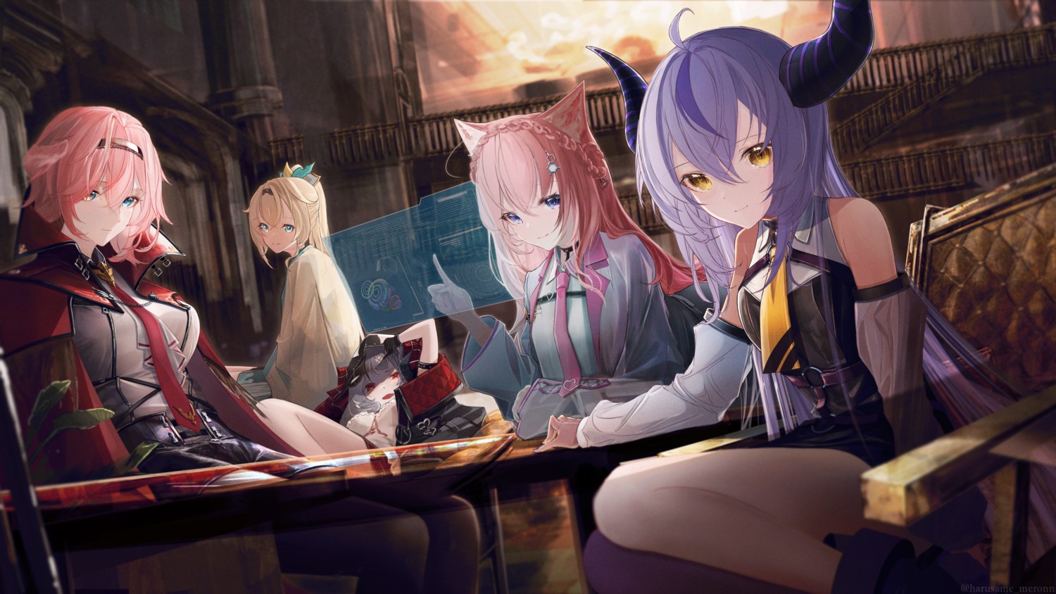 animal_ears, devil, dress, hakui_koyori, harusame_meronn, hololive, horns, japanese_clothes, kazama_iroha, la+_darknesss, pointy_ears, sakamata_chloe, takane_lui, thighhighs, uniform, wings