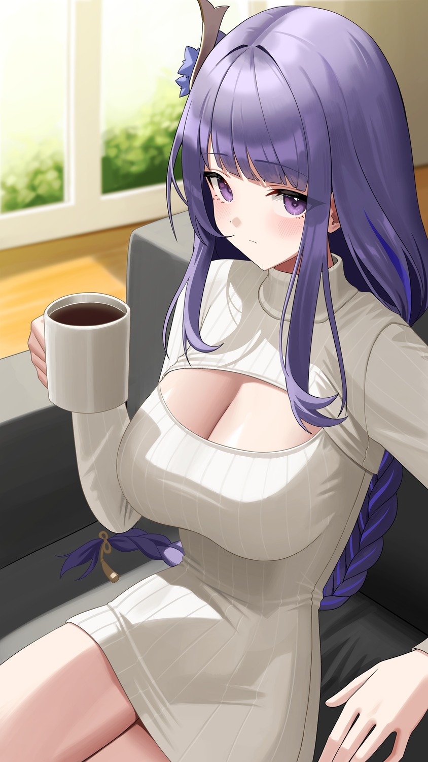 cleavage, dress, genshin_impact, raiden_shogun, re-leaf, sweater
