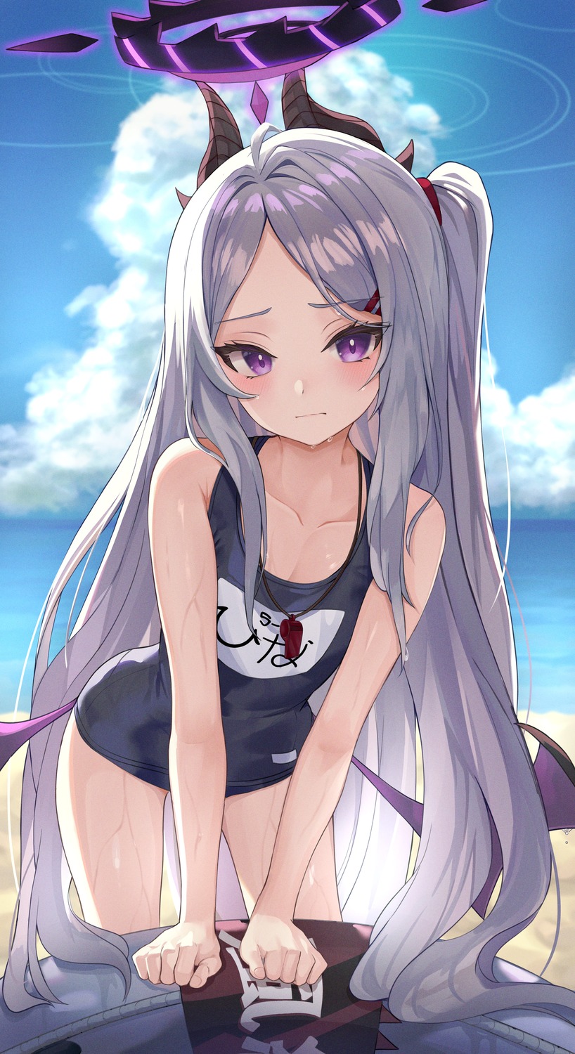 blue_archive, devil, halo, horns, lnji_(rnlwls34), school_swimsuit, sorasaki_hina, swimsuits, wet, wings