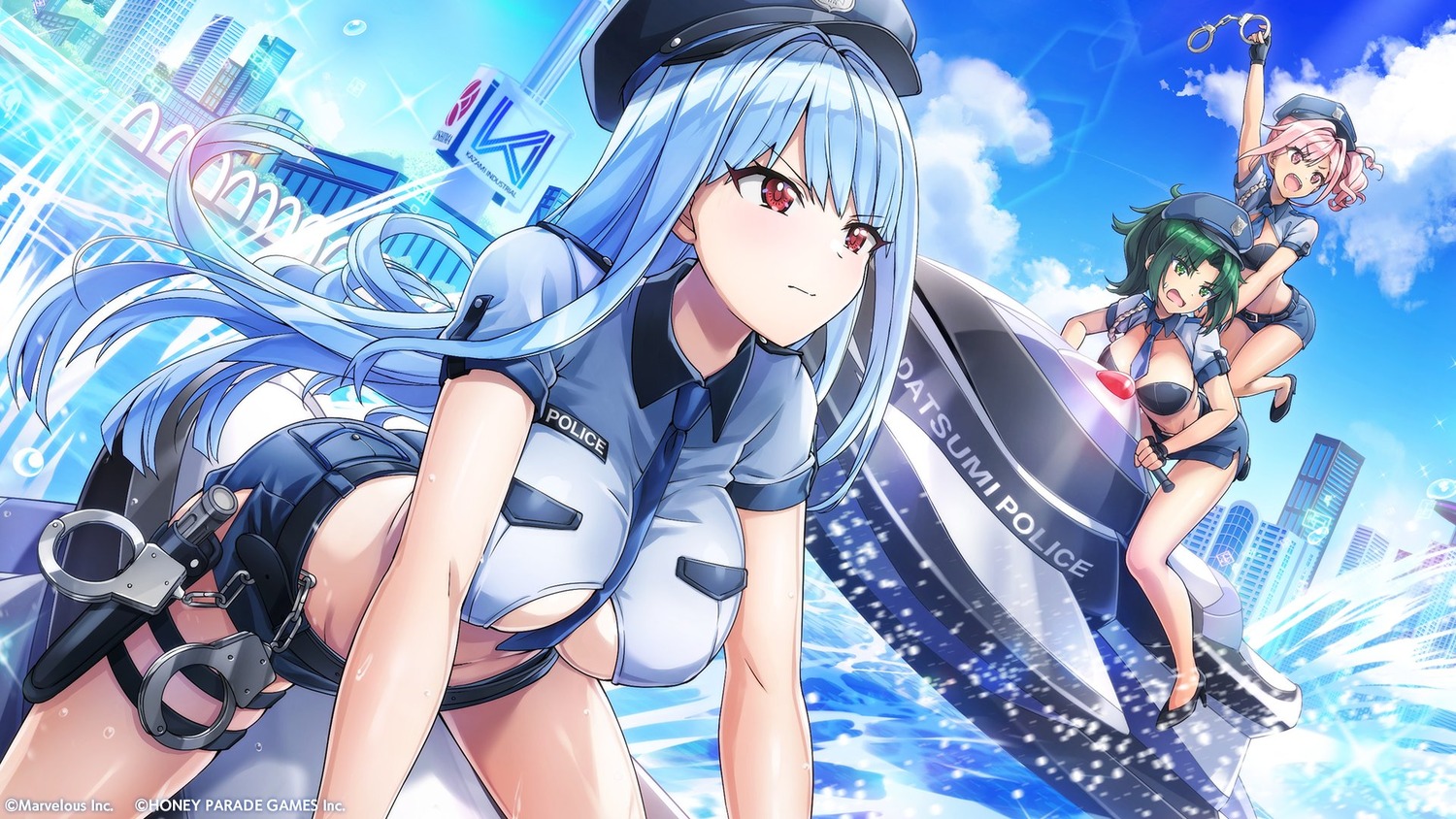 dolphin_wave, garter, harunami_anri, heels, nayuki_hiori, no_bra, police_uniform, takuji, urami_kana, wallpaper