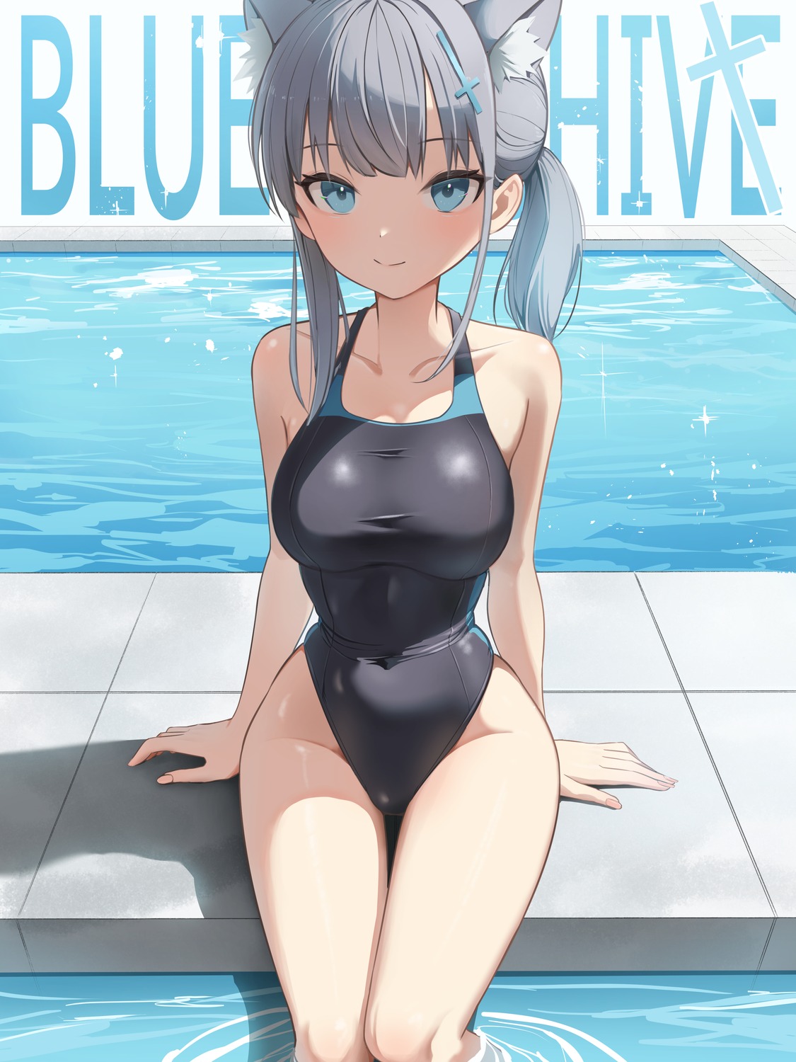 animal_ears, bananafish1111, blue_archive, nekomimi, sunaookami_shiroko, swimsuits, wet