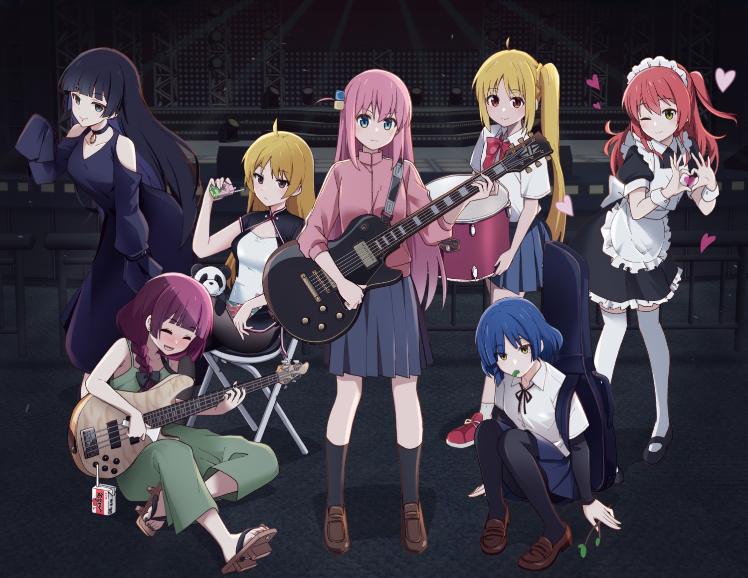 bocchi_the_rock!, dress, gotou_hitori, guitar, gym_uniform, hiroi_kikuri, ijichi_nijika, ijichi_seika