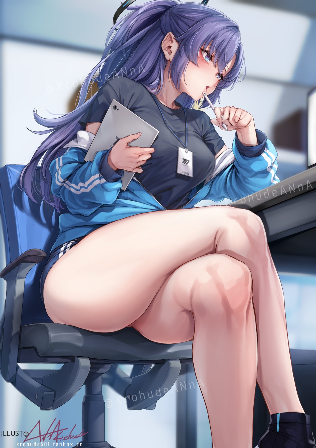 blue_archive, buruma, gym_uniform, halo, hayase_yuuka, kurofude_anna, watermark