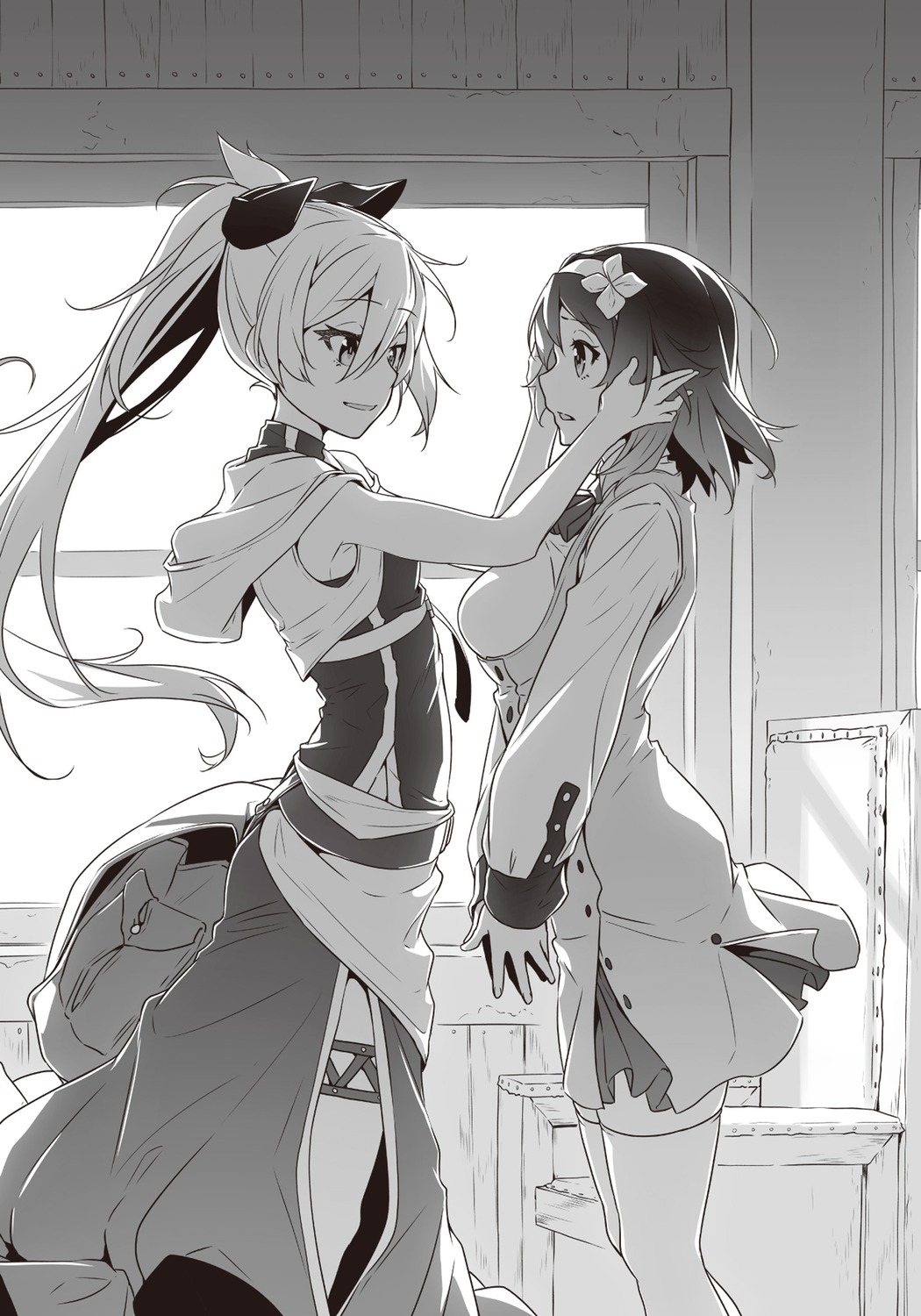 dress, menou_(shokei_shoujo), monochrome, nilitsu, shokei_shoujo_no_virgin_road, thighhighs, tokitou_akari, yuri