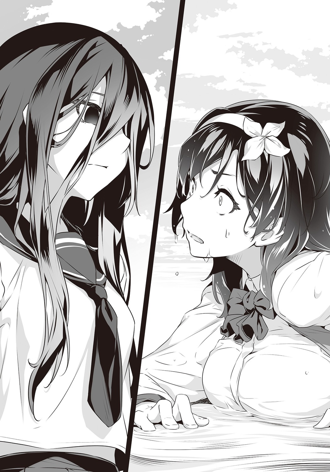 hakua_(shokei_shoujo), monochrome, nilitsu, seifuku, shokei_shoujo_no_virgin_road, tokitou_akari, wet, wet_clothes