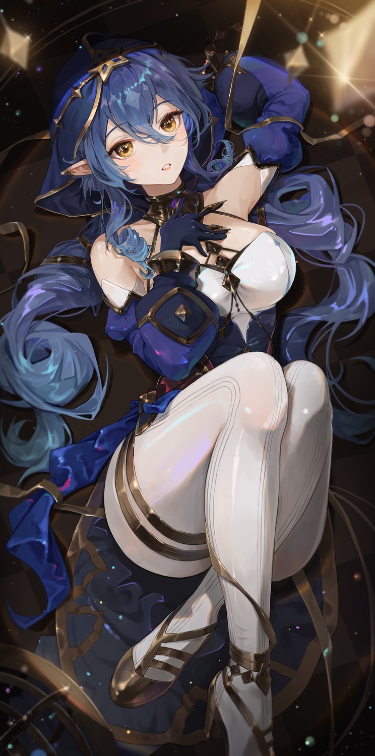 garter, genshin_impact, heels, layla_(genshin_impact), pantyhose, pointy_ears, rhtkd_(gosang)