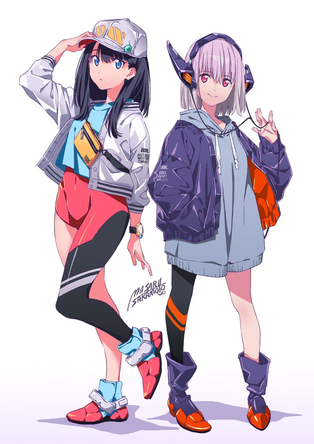 bodysuit, gridman_universe, headphones, sakamoto_masaru, shinjou_akane, ssss.gridman, takarada_rikka, thighhighs