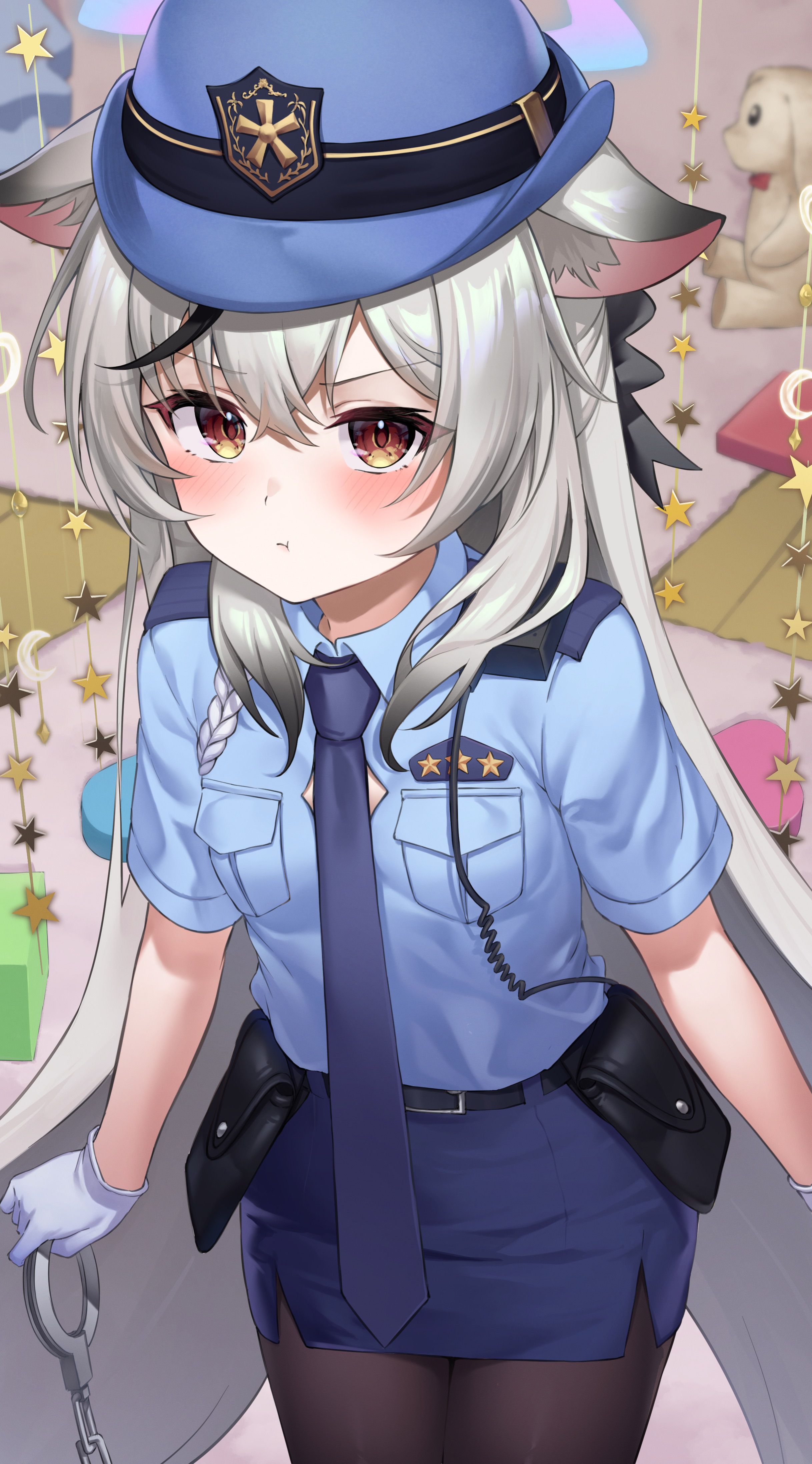 animal_ears, blue_archive, halo, nekomimi, pantyhose, pizza_(artist), police_uniform, sunohara_kokona