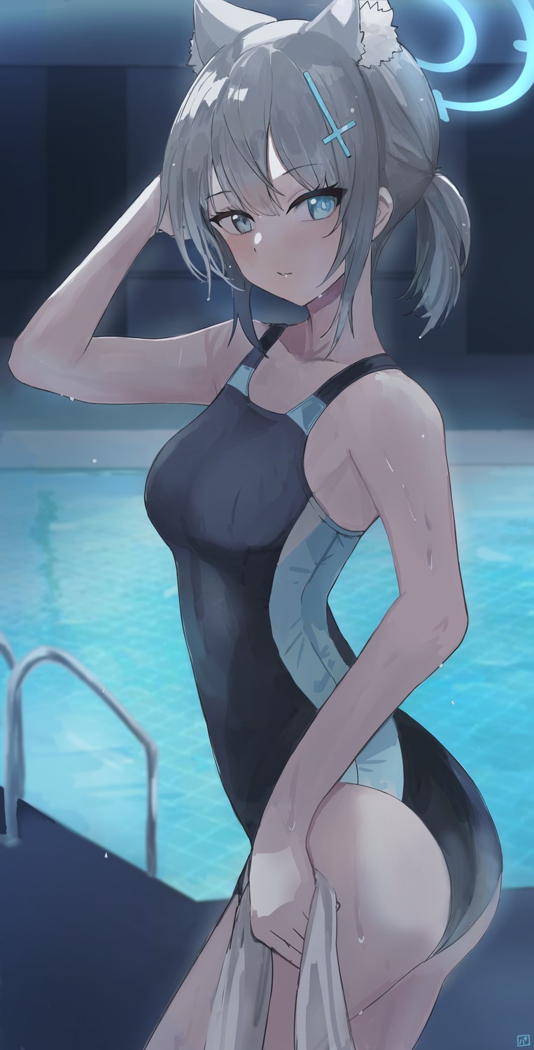animal_ears, artist_revision, blue_archive, halo, nekomimi, pineapple_(pine), sunaookami_shiroko, swimsuits