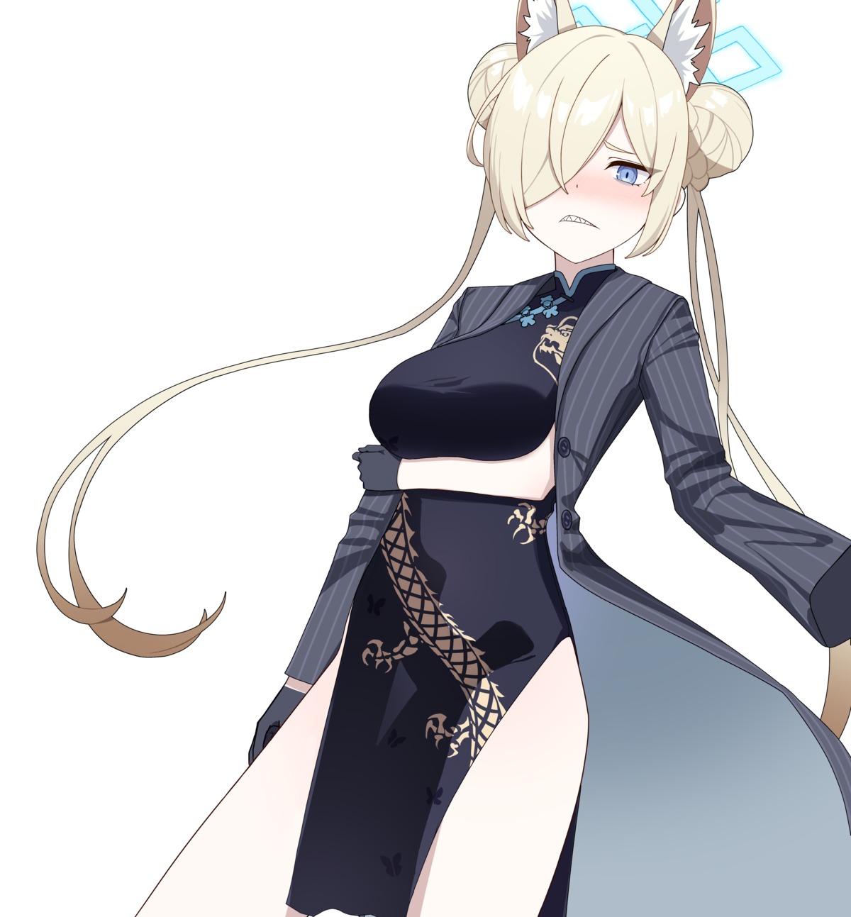 animal_ears, blue_archive, breast_hold, chinadress, cosplay, halo, inumimi, momip, ogata_kanna_(blue_archive), ryuuge_kisaki