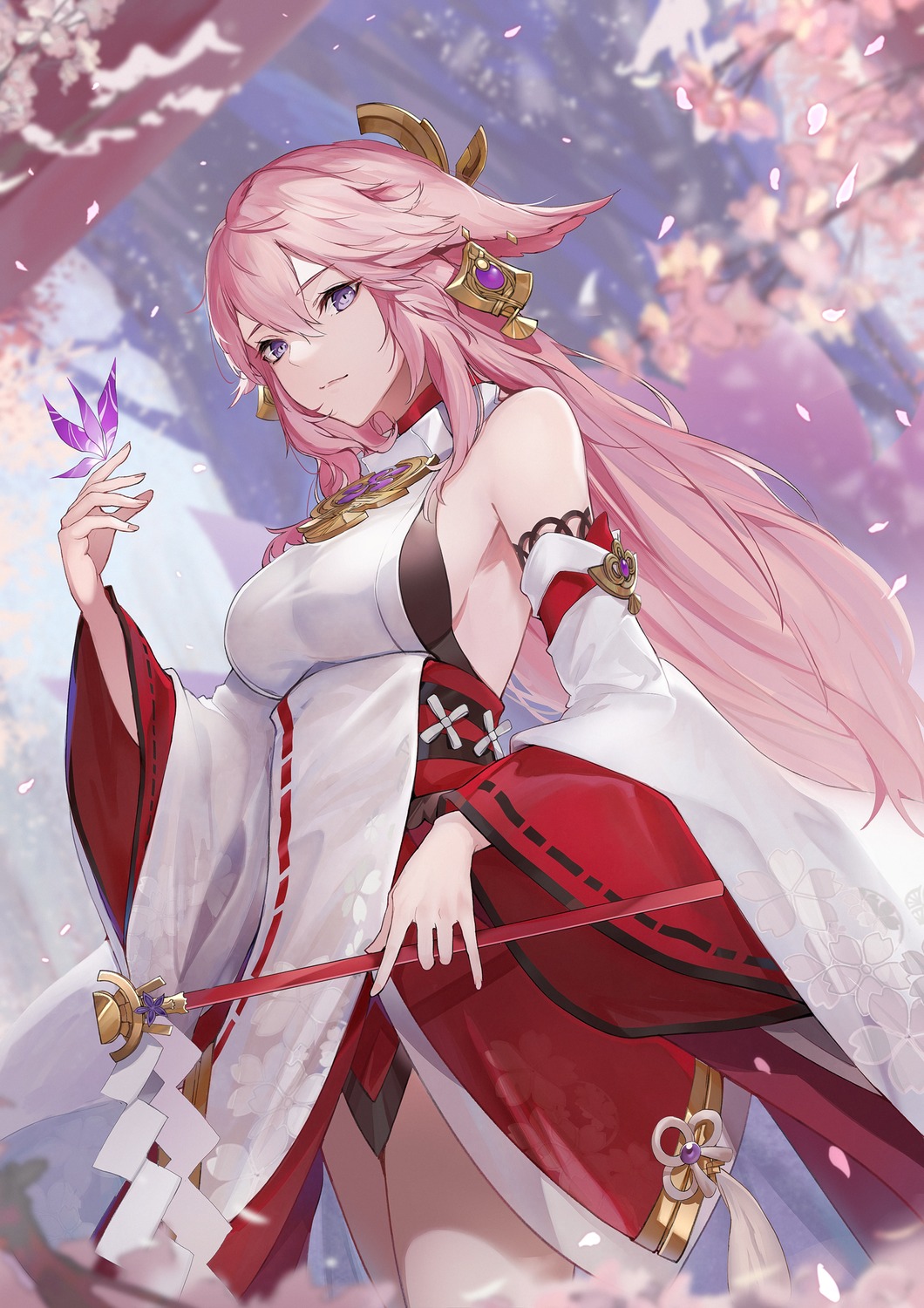 animal_ears, genshin_impact, japanese_clothes, kitsune, marumoru, no_bra, yae_miko