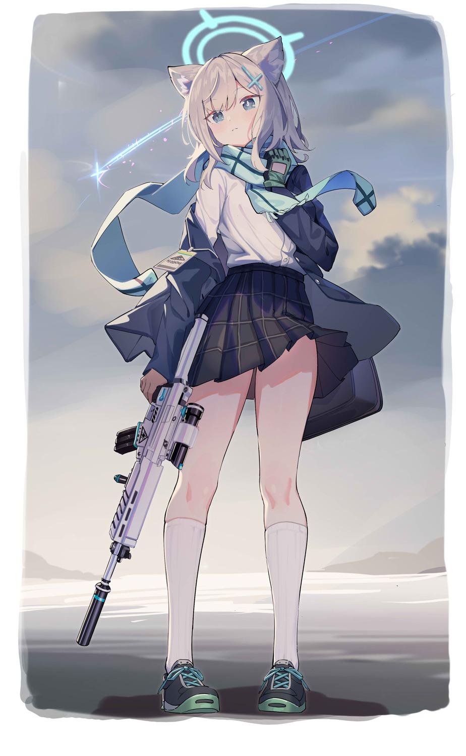 animal_ears, blue_archive, etoile, gun, halo, nekomimi, seifuku, sunaookami_shiroko