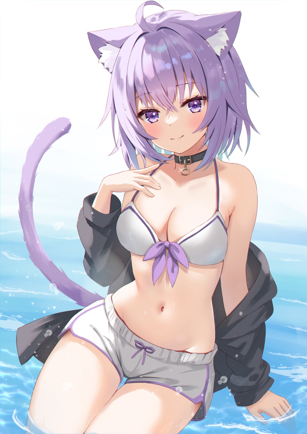 animal_ears, bikini_top, hololive, hololive_gamers, nekomata_okayu, nekomimi, open_shirt, swimsuits