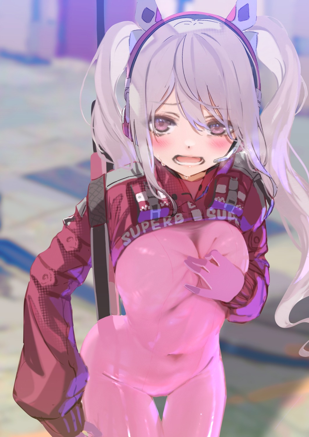 alice_(nikke), animal_ears, bodysuit, breast_hold, goddess_of_victory:_nikke, headphones, icehotmilktea