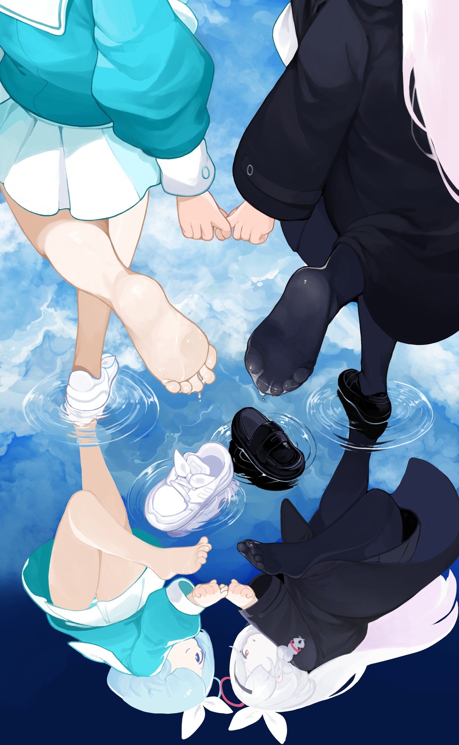 arona_(blue_archive), blue_archive, feet, halo, menthak0, pantsu, pantyhose, plana_(blue_archive), seifuku, shimapan, wet