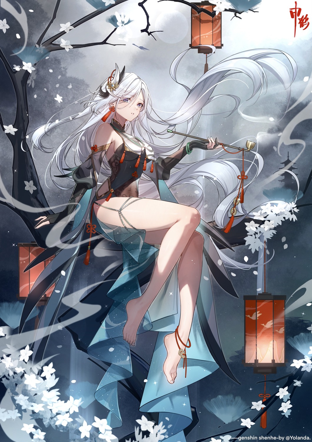 asian_clothes, garter, genshin_impact, no_bra, see_through, shenhe, yolanda
