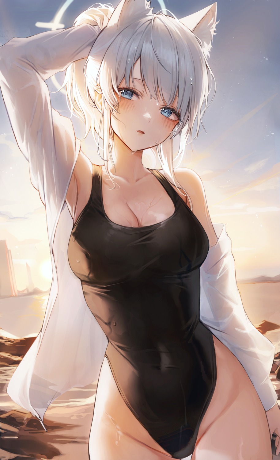 2sham, animal_ears, blue_archive, cleavage, halo, nekomimi, see_through, sunaookami_shiroko