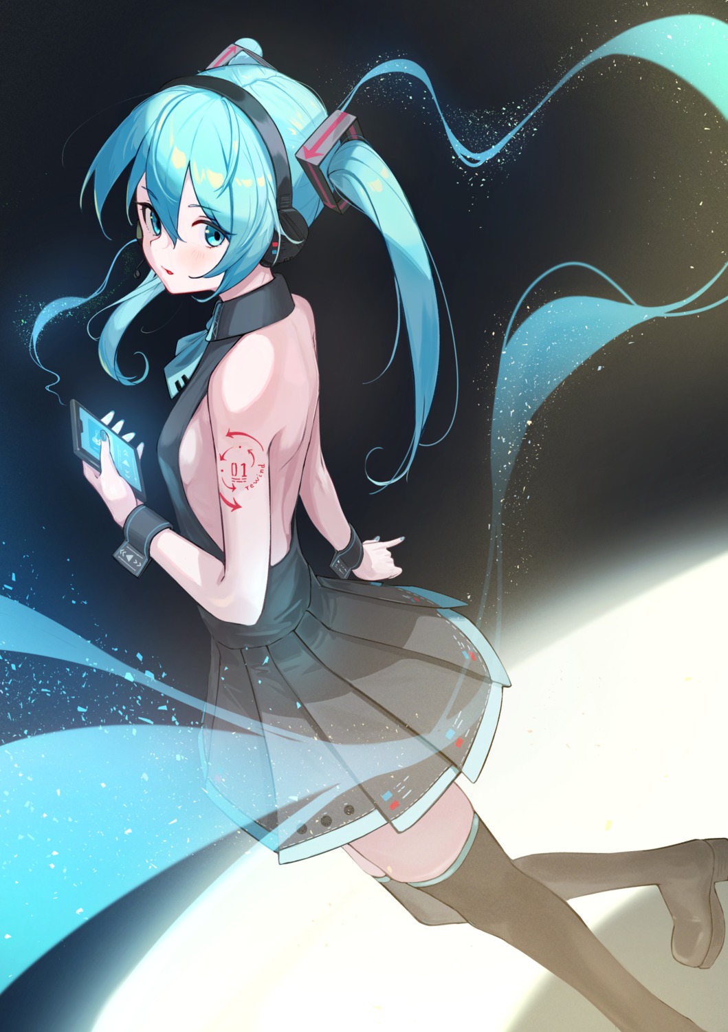 hatsune_miku, headphones, heels, no_bra, tattoo, thighhighs, uito_yzwa, vocaloid