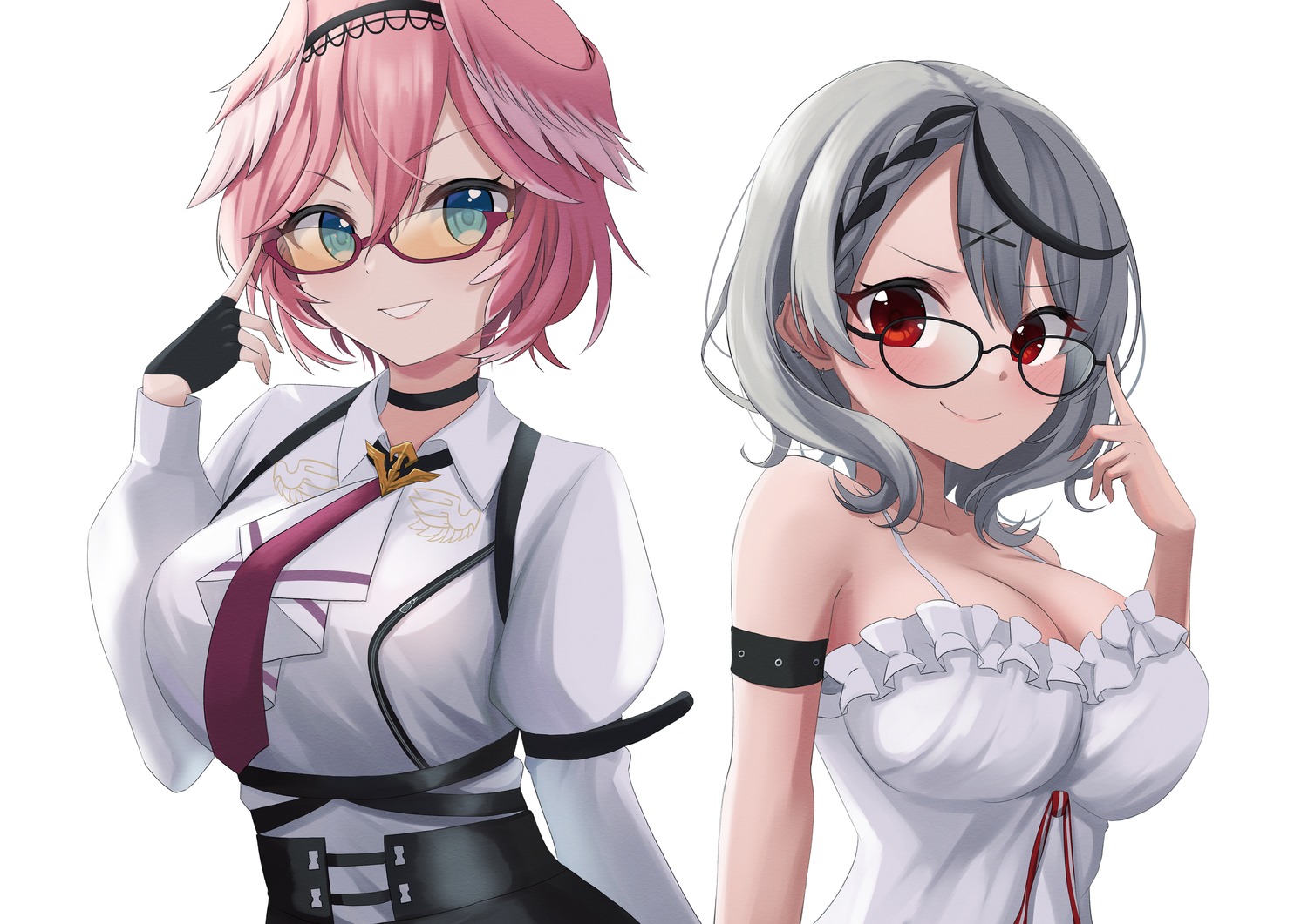 hololive, megane, no_bra, sakamata_chloe, solfart, takane_lui, uniform, wings